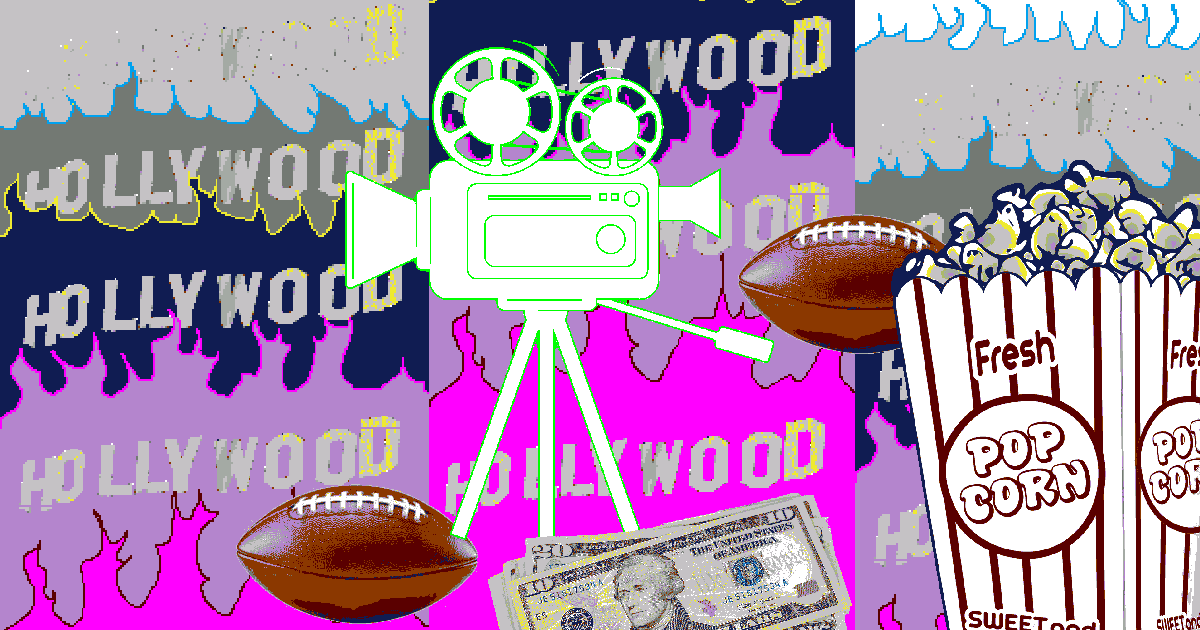 A messy collage of imagery including a movie camera, some football, and a bag of popcorn. In the background, the word 'Hollywood' is here and there.